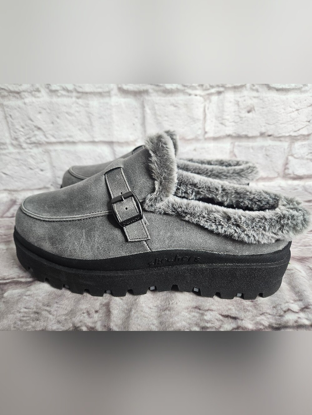 Skechers Shindigs Forever Retro Faux-Fur Clogs Grey Womens 11